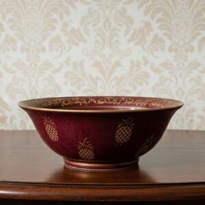 Andrea by Sadek Decorative Pineapple Bowl Gold and Maroon Embossed Scroll Trim